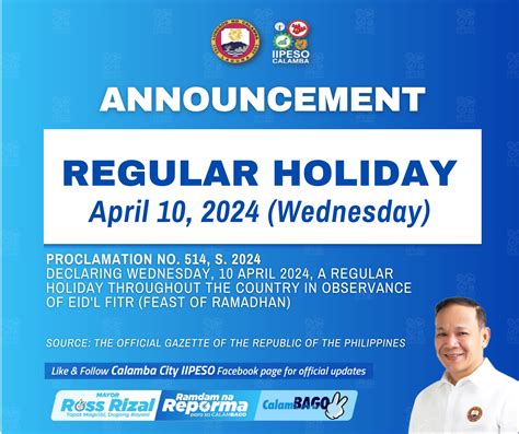 calamba holiday 2024|ABISO SA PUBLIKO: REGULAR HOLIDAY .